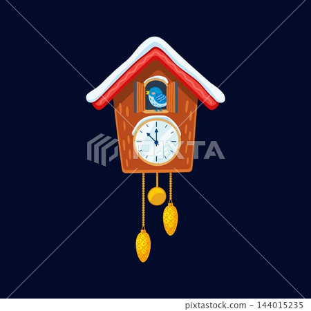 Cartoon wooden cuckoo clock with a bird emerging Cartoon wooden cuckoo clock with a bird emerging 144015235
