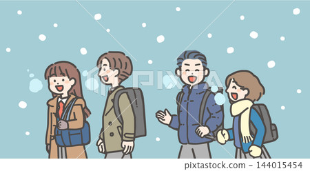 冬天,四名中學生和高中生(兩男兩女)並肩走在雪地裡(有背景,上半身鏡頭)。 冬天,四名中學生和高中生(兩男兩女)並肩走在雪地裡(有背景,上半身鏡頭)。 144015454