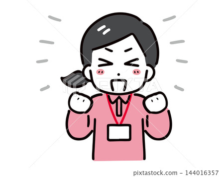 一位身穿polo衫的年輕女員工看起來很開心。 144016357