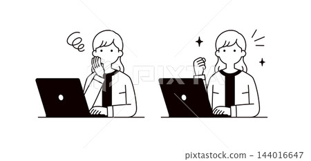 A set of vector illustrations of a woman's upper body operating a computer, in both a troubled and a triumphant pose. A set of vector illustrations of a woman's upper body operating a computer, in both a troubled and a triumphant pose. 144016647