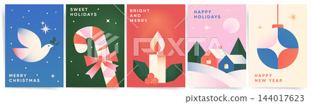 Set of Christmas card designs in a flat geometric gradient style. Featuring dove with olive branch, candy cane, candle with holly, ornament and snowy village for holiday greeting, vector illustration Set of Christmas card designs in a flat geometric gradient style. Featuring dove with olive branch, candy cane, candle with holly, ornament and snowy village for holiday greeting, vector illustration 144017623