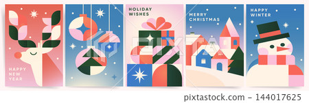 Set of Christmas card designs in a modern geometric gradient style. Featuring reindeer, snowman, gift boxes, hanging ornaments and snowy village for winter holiday celebration, vector illustration Set of Christmas card designs in a modern geometric gradient style. Featuring reindeer, snowman, gift boxes, hanging ornaments and snowy village for winter holiday celebration, vector illustration 144017625