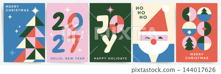 Set of Christmas card designs in a modern flat geometric style with bold retro lettering. Featuring Christmas tree, Santa Claus, ornaments and stars for winter holiday greeting, vector illustration Set of Christmas card designs in a modern flat geometric style with bold retro lettering. Featuring Christmas tree, Santa Claus, ornaments and stars for winter holiday greeting, vector illustration 144017626