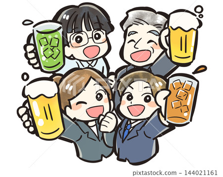 一幅插圖,描繪了一男一女兩位上班族舉杯暢飲生啤的場景。 一幅插圖,描繪了一男一女兩位上班族舉杯暢飲生啤的場景。 144021161