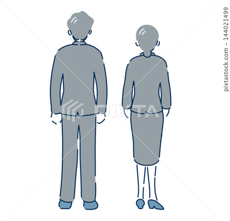 A full-body illustration (with outlines) of two senior businessmen, a man and a woman, standing side-by-side in suits, from behind. A full-body illustration (with outlines) of two senior businessmen, a man and a woman, standing side-by-side in suits, from behind. 144021499