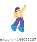A hand-drawn vector illustration of a woman jumping while making a victory pose. 144022207