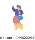 Hand-drawn vector illustration of a middle-aged woman jumping while making a victory pose. 144022208