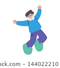Hand-drawn vector illustration of a man with glasses jumping with both hands raised. 144022210