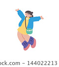 Hand-drawn vector illustration of a woman jumping with both hands raised. 144022213
