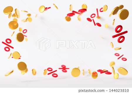 Coins and percentage signs float in a frame, creating a finance theme. The background is plain, providing clear space for text or graphics related to Coins and percentage signs float in a frame, creating a finance theme. The background is plain, providing clear space for text or graphics related to 144023810