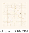 Abstract grid based seamless pattern micro geometric shapes including squares, circles, semi circles, plus signs, and T shapes 144023961
