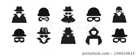 Anonymous spy Incognito detective mask icon. Set mysterious silhouette stranger with hat and glasses for spy theme, hidden identity, or secret agent avatar design. Detective icon with hat and glasses Anonymous spy Incognito detective mask icon. Set mysterious silhouette stranger with hat and glasses for spy theme, hidden identity, or secret agent avatar design. Detective icon with hat and glasses 144024633