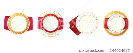 Holiday festive empty plate top view. Scandinavian pattern and decorative border. Round dinner dish featuring Nordic embroidery design, perfect for holiday table setting. 144024635