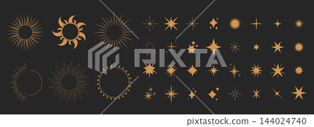 Celestial boho set sun, moon, stars minimal golden line. Collection elegant geometric abstract design elements gold magic, and spiritual designs for decoration. 144024740