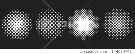 Pop art halftone circle set with radial dot pattern creating dynamic gradient effect and retro comic, pop art texture in black and white tones. Vintage geometric radial design. Pop art halftone circle set with radial dot pattern creating dynamic gradient effect and retro comic, pop art texture in black and white tones. Vintage geometric radial design. 144024741