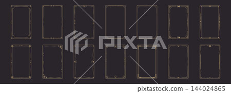 Celestial boho gold frames collection, dividers. Esoteric deco border. Elegant thin lines, moon crescent, sun, stars decorations. Tarot card template, occult design set Celestial boho gold frames collection, dividers. Esoteric deco border. Elegant thin lines, moon crescent, sun, stars decorations. Tarot card template, occult design set 144024865