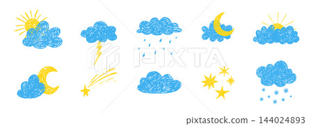 Crayon weather cloud hand drawn naive kids, baby, school background design. Childlike scribble clouds, sun, moon, lightning bolt drawn with chalk weather elements, kid drawings.  144024893