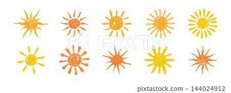 Sun circle with scribble crayon textures and sketchy brush lines. Set childlike pencil drawing. Playful scribbles and cheerful painted textures for creative designs.  144024912