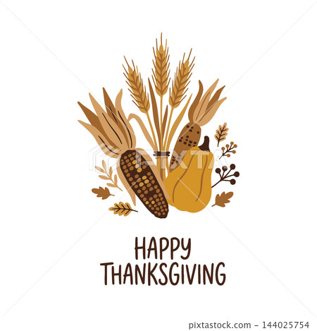 Minimalist Thanksgiving harvest illustration with corn, squash, wheat, and small leaves. Features "Happy Thanksgiving" lettering. Use for autumn greeting cards, festive posters, and holiday banners. Minimalist Thanksgiving harvest illustration with corn, squash, wheat, and small leaves. Features "Happy Thanksgiving" lettering. Use for autumn greeting cards, festive posters, and holiday banners. 144025754