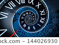 Spiral Clock With Gears Face Roman Numerals Time Concept Background 3D Render 144026930