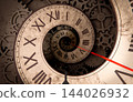 Vintage Spiral Clock With Gears, Abstract Time Concept Background, 3D Render 144026932