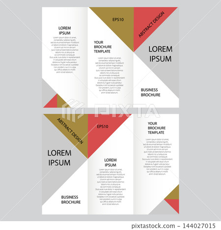 Business brochure template with trifold layout, geometric red and gold triangles and text. eps 10 Business brochure template with trifold layout, geometric red and gold triangles and text. eps 10 144027015