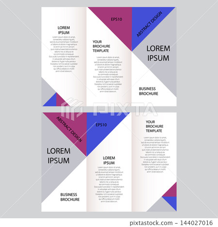 Template of a modern trifold advertising booklet or brochure with geometric triangles, blue, and purple text. eps 10 Template of a modern trifold advertising booklet or brochure with geometric triangles, blue, and purple text. eps 10 144027016