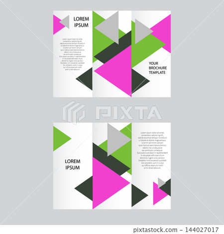 Template of a modern trifold advertising booklet or brochure with green, pink, and gray geometric triangles. eps 10 144027017