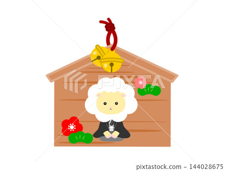 A cute sheep in a hakama (traditional Japanese trousers) with plum and pine motifs on an ema (votive tablet) (Zodiac sign, Japanese-style background, New Year's card material) A cute sheep in a hakama (traditional Japanese trousers) with plum and pine motifs on an ema (votive tablet) (Zodiac sign, Japanese-style background, New Year's card material) 144028675