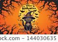 Halloween background of black cat and full moon, dead tree and branches silhouette, creepy flying Bats and Spooky Moonlit Sky, vector illustration festive banner of the night of horrors 144030635