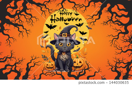 Halloween background of black cat and full moon, dead tree and branches silhouette, creepy flying Bats and Spooky Moonlit Sky, vector illustration festive banner of the night of horrors 144030635