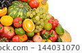 Assortment of fresh organic fruits vegetables and berries isolated on white background in horizontal view with copy space 144031070
