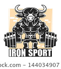 strong athlete with large textured muscles holds a barbell with small metal pancakes. Graffiti-style digital art with paint splatters. Illustration for cover, card, interior design, brochure, etc. 144034907