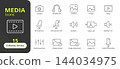 Media line icon style representing various media, audio, video, camera, microphone, and image file symbols with editable stroke vector set. 144034975