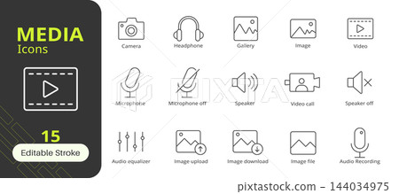 Media line icon style representing various media, audio, video, camera, microphone, and image file symbols with editable stroke vector set. Media line icon style representing various media, audio, video, camera, microphone, and image file symbols with editable stroke vector set. 144034975