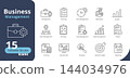 Set of business management line icons featuring corporate strategy, planning, financial growth, operations, analytics, and target symbols with editable stroke. 144034976