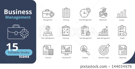 Set of business management line icons featuring corporate strategy, planning, financial growth, operations, analytics, and target symbols with editable stroke. Set of business management line icons featuring corporate strategy, planning, financial growth, operations, analytics, and target symbols with editable stroke. 144034976