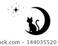Silhouette of a cat sitting on a crescent moon with stars. Mystical kitten contemplates the stars. Vector illustration isolated on white background. 144035520