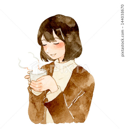 年輕女子正在喝熱飲——手繪水彩插圖 144038670