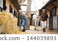 Woman walks a white horse while others clean up the courtyard of stable 144039893