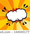 Blank comic speech bubble with burst sound effect on halftone sunburst background. Vector illustration. 144040177