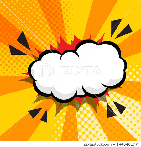 Blank comic speech bubble with burst sound effect on halftone sunburst background. Vector illustration. Blank comic speech bubble with burst sound effect on halftone sunburst background. Vector illustration. 144040177
