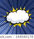 Blank comic speech bubble with burst sound effect on halftone sunburst background. Vector illustration. 144040178