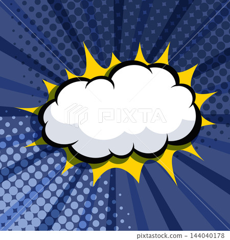 Blank comic speech bubble with burst sound effect on halftone sunburst background. Vector illustration. Blank comic speech bubble with burst sound effect on halftone sunburst background. Vector illustration. 144040178