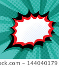 Blank comic speech bubble with burst sound effect on halftone sunburst background. Vector illustration. 144040179