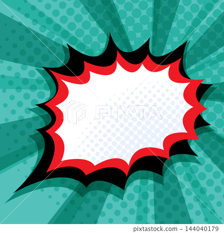 Blank comic speech bubble with burst sound effect on halftone sunburst background. Vector illustration. Blank comic speech bubble with burst sound effect on halftone sunburst background. Vector illustration. 144040179