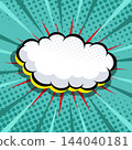 Blank comic speech bubble with burst sound effect on halftone sunburst background. Vector illustration. 144040181