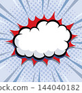 Blank comic speech bubble with burst sound effect on halftone sunburst background. Vector illustration. 144040182