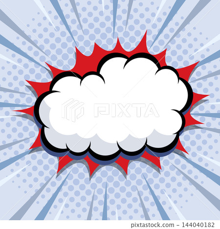 Blank comic speech bubble with burst sound effect on halftone sunburst background. Vector illustration. 144040182
