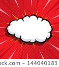 Blank comic speech bubble with burst sound effect on halftone sunburst background. Vector illustration. 144040183